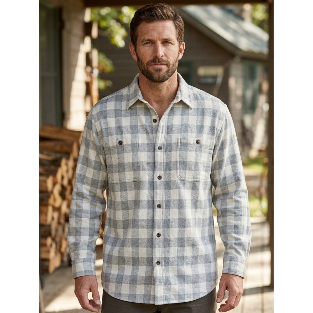 Orvis Perfect Flannel Shirt Mens Sz Large Buffalo Check Grey Cotton Button Down